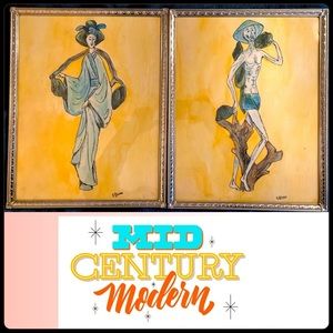 MCM Ancient Japanese Life Water Carrier and Fisherman Watercolor Gold Tone Frame